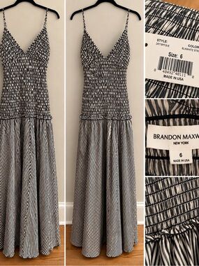 Brandon Maxwell Black and White Striped Smocked Bodice Maxi Dress